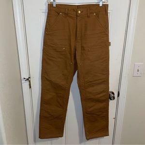 Carhartt B136 BRN Duck Double Knee Dungaree Work Pants Mens 32 X 32 Plaid Lined